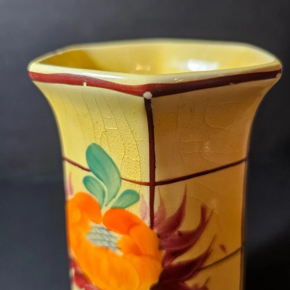 Vtg Handpainted Czech Pottery Vase, Yellow Orange Red Flower 8 x 4 in Art Deco